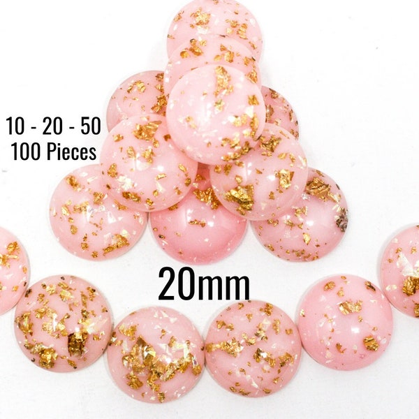 20mm Foil Cabochons - Pink with Gold Flakes - Round - 10 - 20 - 50 - 100 Pieces - Jewelry Making Supplies - Ships IMMEDIATELY - C954