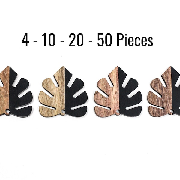 Wood Resin Pendants - Black Resin & Wood Leaves - Monstera - 30x28mm - 4 - 10 - 20 - 50 Pieces - Ships IMMEDIATELY - EF821