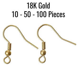 REAL 18K Gold Earring Hooks - BEWARE of Fakes - Spring and Ball - 18x18mm - Copper Material - 10 - 50 or 100 Pieces - From USA - EF113