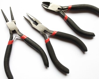 3 Pliers Set - Beading Jewerly Tools - Round Nose, Long Nose, Diagonal Cutting Pliers - 11cm-12.8cm -Ships IMMEDIATELY from California - T79