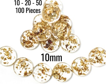 Gold Foil Cabochons - 10mm - Clear with Gold Foil - 10 - 20 - 50 - 100 Pieces - Ships IMMEDIATELY from California - C720