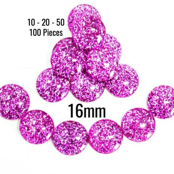 16mm Cabochons - Fuchsia - Glitter - 10 - 20 - 50 - 100 Pieces - Ships IMMEDIATELY from California - C638