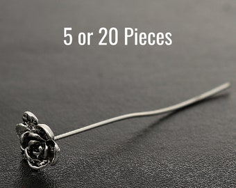 Rose Head Pins - Antique Silver - FANCY - 2" - 55mm - 5 or 20 Pieces -  Jewelry Making Supplies - Ships IMMEDIATELY from USA - F547