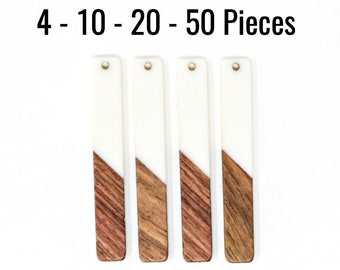 Wood Resin Pendants - White & Wood Rectangles - 52x8mm - 4 - 10 - 20 - 50 Pieces - Ships IMMEDIATELY from USA - EF637