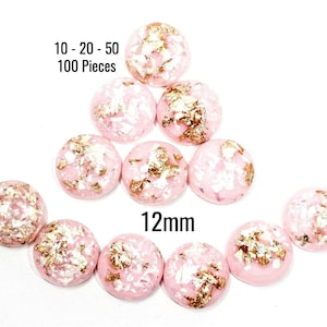 Gold Foil Cabochons - 12mm - Pink with Gold Flakes - Round - 10 - 20 - 50 - 100 Pieces - Jewelry Making Supplies - Ships IMMEDIATELY - C558