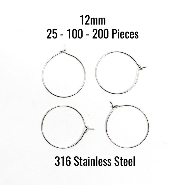 12mm Wine Rings - Earring Hoops - 316 STAINLESS STEEL - 0.7mm Thick - 21 Gauge - 25 - 100 - 200 Pieces - Ships IMMEDIATELY - SC1587