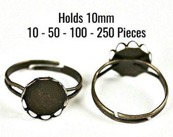 10mm Ring Settings - Antique Bronze - Holds 10mm - Scalloped Edge - 17mm - Adjustable - 10 - 50 - 100 - 250 Pieces -Ships IMMEDIATELY - A632