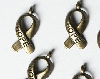SALE 25 Hope Ribbon Awareness Charms - Antique Bronze - 19x8mm - Ships IMMEDIATELY - Jewelry Making Supplies - BC818