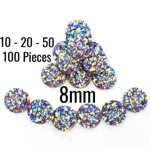 8mm Druzy Cabochons - Blue Purple Pink Rainbow - 10 - 20 - 50 - 100 Pieces - Ships IMMEDIATELY from USA - C911