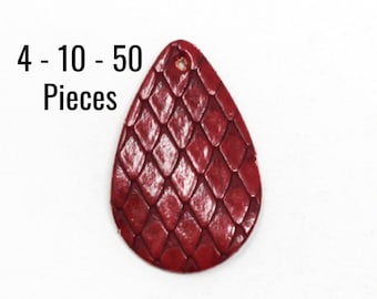 Leather Teardrop Pendants - Brick Red - Scale Print - Double Sided - 39x25mm - 4 - 10 - 50 Pieces - Jewelry Maing Supplies - EF805