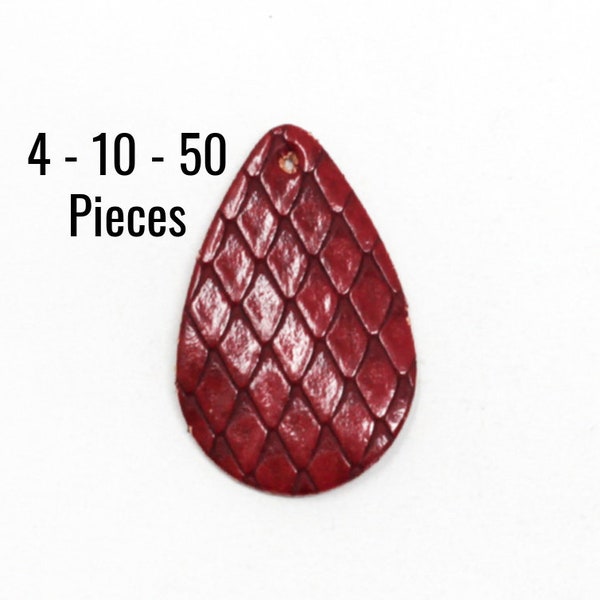 Leather Teardrop Pendants - Brick Red - Scale Print - Double Sided - 39x25mm - 4 - 10 - 50 Pieces - Jewelry Maing Supplies - EF805