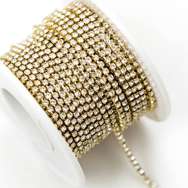 30' Rhinestone Cup Chain Spool - 2mm - Crystal - Gold Plated - 30 Feet - 10 Yards - Ships IMMEDIATELY - Jewelry Making Supplies - CH819-30