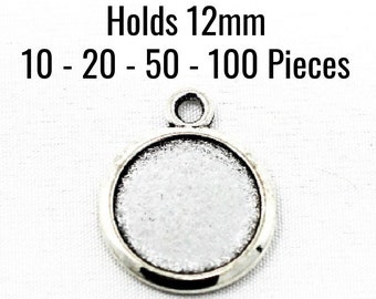 Silver Pendant Trays - Holds 12mm - Antique Silver - Double Sided - 10 - 20 - 50 - 100 Pieces - Jewelry Making Supplies - Ships FAST -SC1503