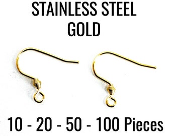 Ear Wire Hooks - STAINLESS STEEL - Gold - 0.7mm Thick - 21 Gauge - 18x17mm - 10 - 20 - 50 - 100 Pieces - Ships IMMEDIATELY - EF395