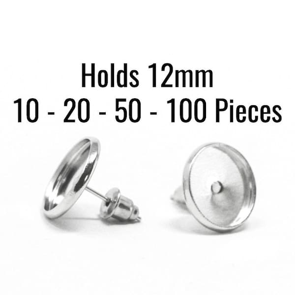 12mm Earring Trays - FREE Backs - Silver Plated - High Quality COPPER Material - Lead FREE - 10 - 20 - 50 - 100 Pieces - EF463