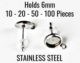 6mm Earring Settings with Loops - Free Backs - 304 STAINLESS STEEL - Fits 6mm - Jewelry Making Supplies - Ships Immediately from USA - EF170