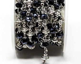 3' Rosary Bead Chain - 3mm - 6mm - Black Faceted Glass Beads - Antique Silver - 36" - Ships IMMEDIATELY from USA - B1363