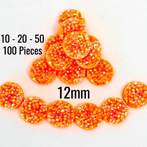 12mm Druzy Cabochons - CHUNKY - Fluorescent Neon Orange - 10 - 20 - 50 - 100 Pieces - Ships IMMEDIATELY - Jewelry Making Supplies - C755