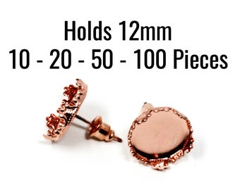 Rose Gold Earring Trays - FREE Metal Backs - 12mm - High Quality COPPER Material - Scalloped Crown - 10 - 20 - 50 - 100 Pieces - EF402