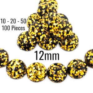 12mm Confetti Cabochons - Gold & Black Confetti Glitter - 10 - 20 - 50 - 100 Pieces - Ships IMMEDIATELY - Jewelry Making Supplies - C958