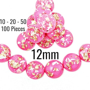 Gold Foil Cabochons - 12mm - Hot Pink with Gold Flakes - Round - 10 - 20 - 50 - 100 Pcs - Jewelry Making Supplies - Ships IMMEDIATELY - C964
