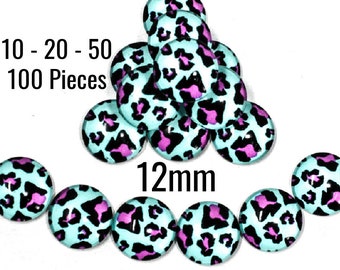 Leopard Print Cabochons - 12mm - Blue w/ Fuchsia Black Spots  - Bright - Glass - 10 - 20 - 50 - 100 Pieces - Jewelry Making Supplies - C810