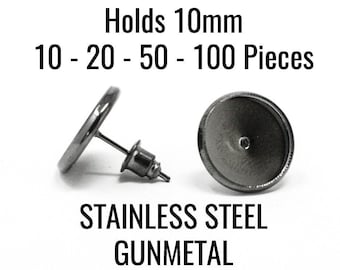 10mm Earring Trays - STAINLESS STEEL - FREE Metal Backs - Gunmetal - Holds 10mm - 10 - 20 - 50 - 100 Pieces - Ships Immediately - EF421