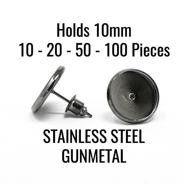 10mm Earring Trays - STAINLESS STEEL - FREE Metal Backs - Gunmetal - Holds 10mm - 10 - 20 - 50 - 100 Pieces - Ships Immediately - EF421