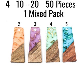 Wood Resin Pendants - Clear Foil Resin & Wood Trapezoids - 30x12mm - 4 - 10 - 20 - 50 Pieces - Ships IMMEDIATELY from USA - EF869