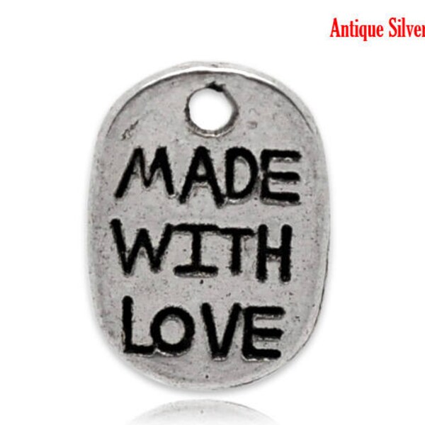 50 Made with Love Charms Silver 11x8mm - Ships IMMEDIATELY from California - SC09