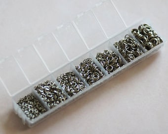 1500 ANTIQUE SILVER Open Jump Rings Set With Case Box 3 - 8mm Ships IMMEDIATELY from California - f72