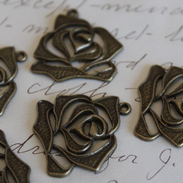 5 Flower Charms - Antique Bronze - Rose - 27x27mm - Ships IMMEDIATELY from California - BC307