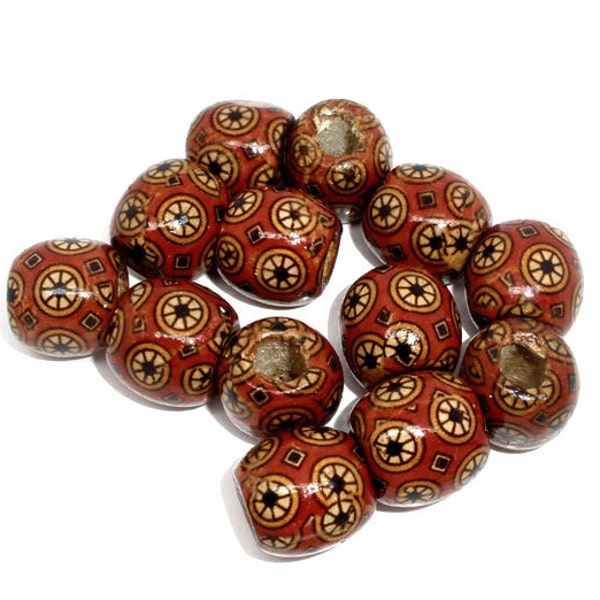 Painted Wood Beads Floral Drum - 17x16mm - 10pcs - Ships IMMEDIATELY from California - B360