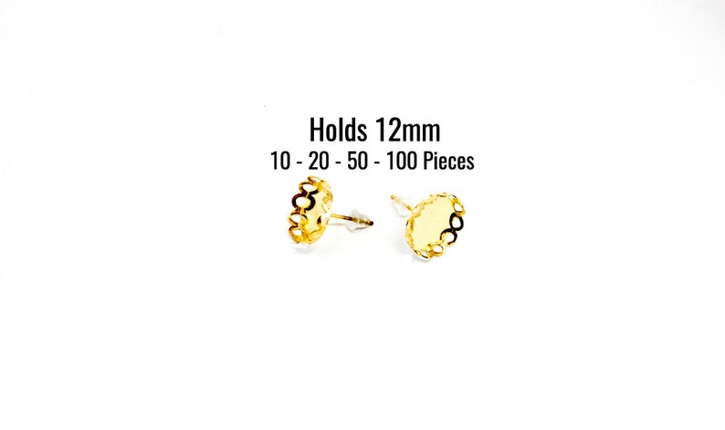 Holds 12mm Cabochons FREE Backs Scalloped Crowns Gold Earring Trays 50-100 Pieces EF390 10-20 Ships IMMEDIATELY