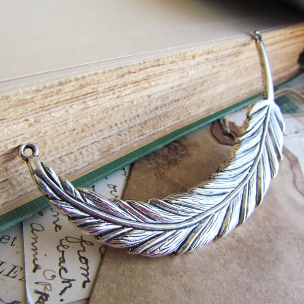 Silver Large Feather Connector Charm 95x18mm - Ships IMMEDIATELY  from California - SC15