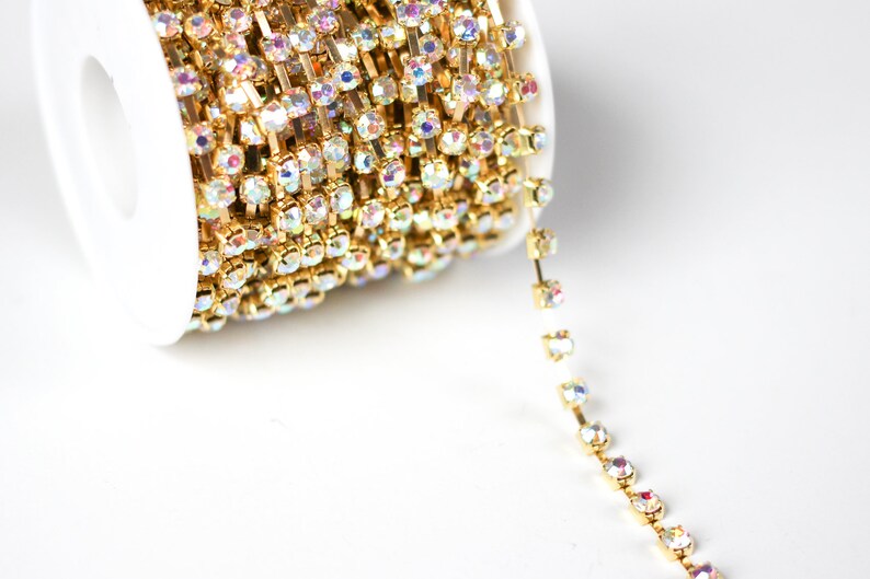 3' Rhinestone Cup Chain 4mm Crystal AB Gold Plated 3 Feet 1 Yard