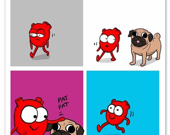 Heart Plus Dog – Pug Edition Print – Pug Lover Wall Art, Cute Dog Poster, Mental Health Decor, Funny Anatomy Art, Home & Office Decor