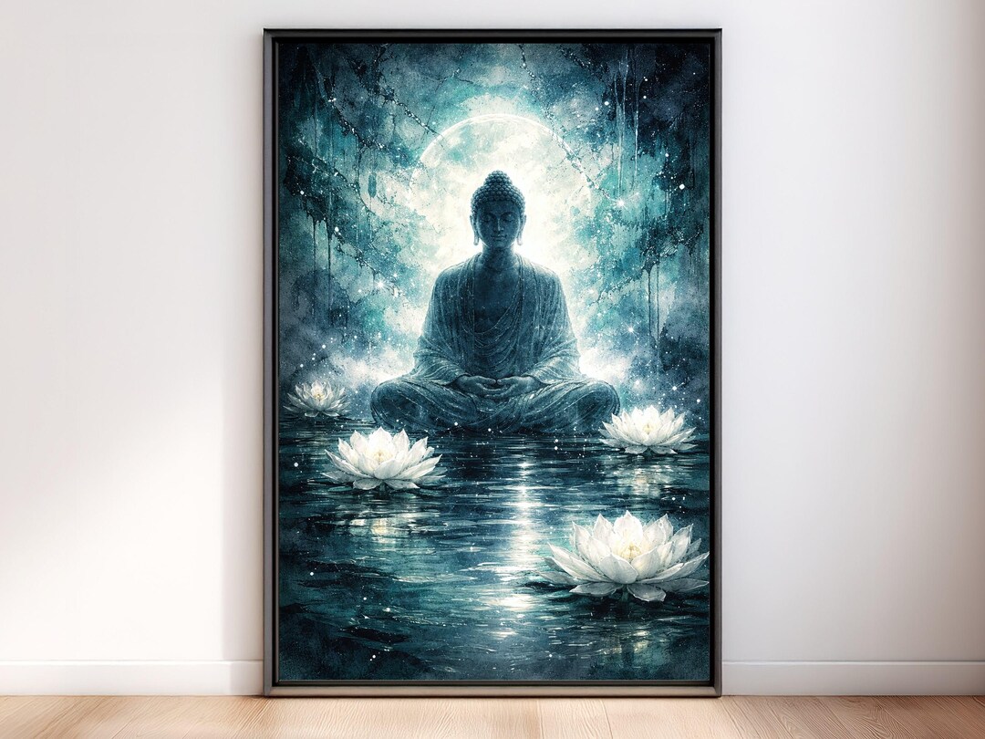 Buddha Wall Art Meditation Poster, Moonlit Lotus Flower Print, Zen ...