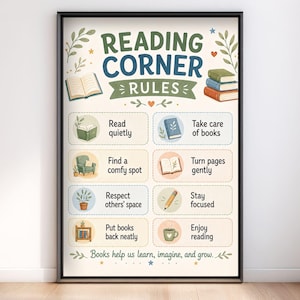 May include: A framed poster titled Reading Corner Rules with a cream background and green and blue text. It features eight illustrated sections with icons and instructions like Read quietly, Take care of books, Find a comfy spot, and Turn pages gently.