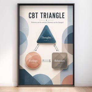May include: A framed educational poster titled CBT TRIANGLE with the text Patterns can be noticed. Patterns can be changed. It features a blue triangle labeled Thoughts, a peach circle labeled Feelings, and a gray square labeled Behaviors.