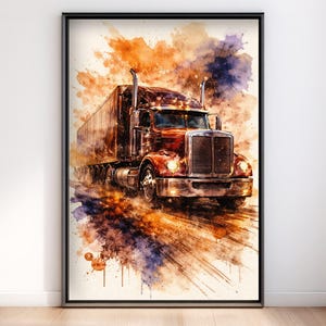 Puede incluir: Pintura a la acuarela de un camión semirremolque en tonos rojos, marrones y naranjas. El camión se representa en movimiento, con un remolque adjunto. La obra de arte tiene un efecto texturizado y salpicado, con un marco negro.