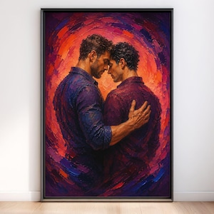 Gay väggkonst, konsttryck med homosexuellt par, romantisk manlig omfamning, impasto queer heminredning
