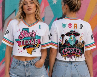 Basketbalsportshirt San Antonio Spurs, voetbalshirt Go Spurs Go, She's From Texas, outfit basketbalfan, NBA-fanshirt Fiesta Colors Fiesta Colors
