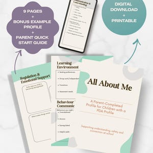 May include: Digital download of a printable "All About Me" profile for children with a PDA profile. The design includes a smartphone displaying a list, and pages with text about learning environment, regulation, and emotional support.