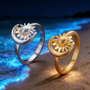Anello regolabile Sole e Luna, gioiello celeste, delicato gioiello boho in oro e argento