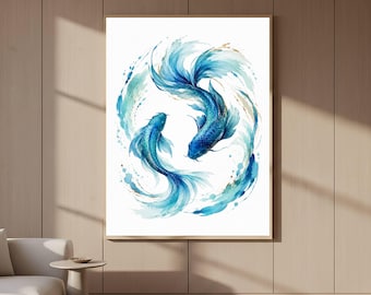 Blue Koi Fish Canvas Wall Art, Ocean Zen Decor, Coastal Bathroom Artwork, Turquoise Aqua Fish Illustration, Serene Spa Water Home Decor Art