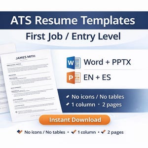 ATS Resume Template Word & PPTX | Entry Level / Graduate CV | Cover Letter + Content Pack | English + Spanish
