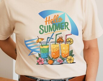 Hello Summer Shirt, Colorful Cocktail Beach Tee with Sun Lounger,Tropical Vacation Graphic T-Shirt, Summer Vibes Outfit, Coastal Holiday Tee