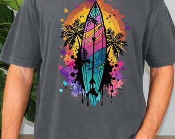 Retro Neon Surfboard Shirt, Comfort Colors Watercolor Surfing Tee, Colorful Paint Splatter Summer T-shirt, Vintage Beach Palm Tree Gift