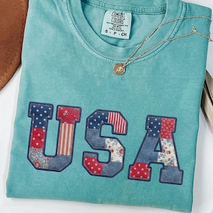USA Patchwork Shirt, Comfort Colors Patriotic Floral Tee, 4th of July United States T-shirt, Retro American Flag Gift, Western Denim USA